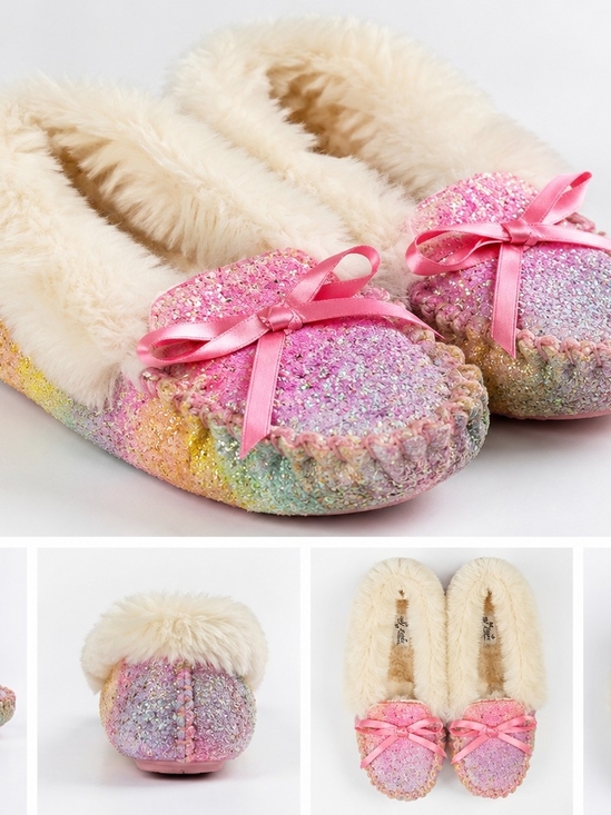 Self Esteem Other - Skechers Girls Pink Glitter Faux-Fur Lined Moccasins with Rainbow Sparkle